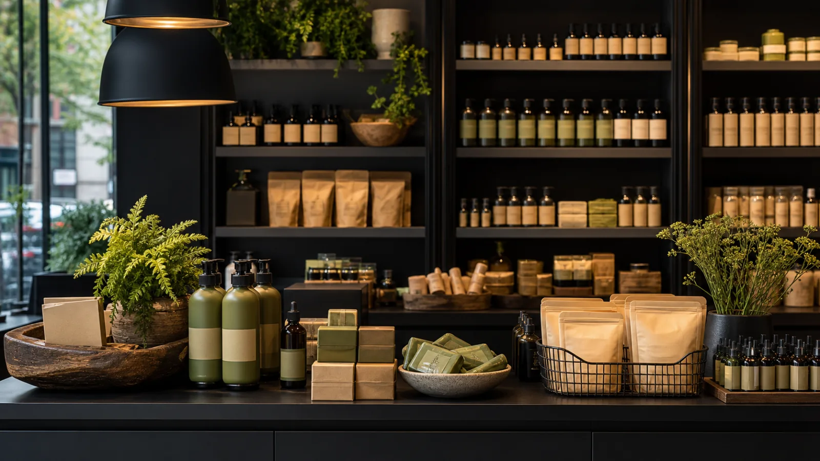 Well-stocked pharmacy shelves